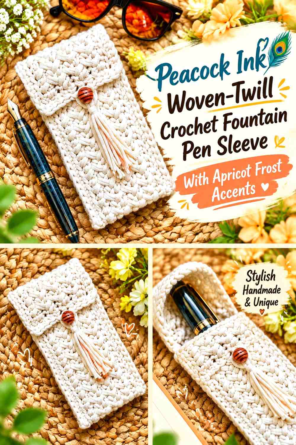 Peacock Ink Woven-Twill Crochet Fountain Pen Sleeve With Apricot Frost Accents