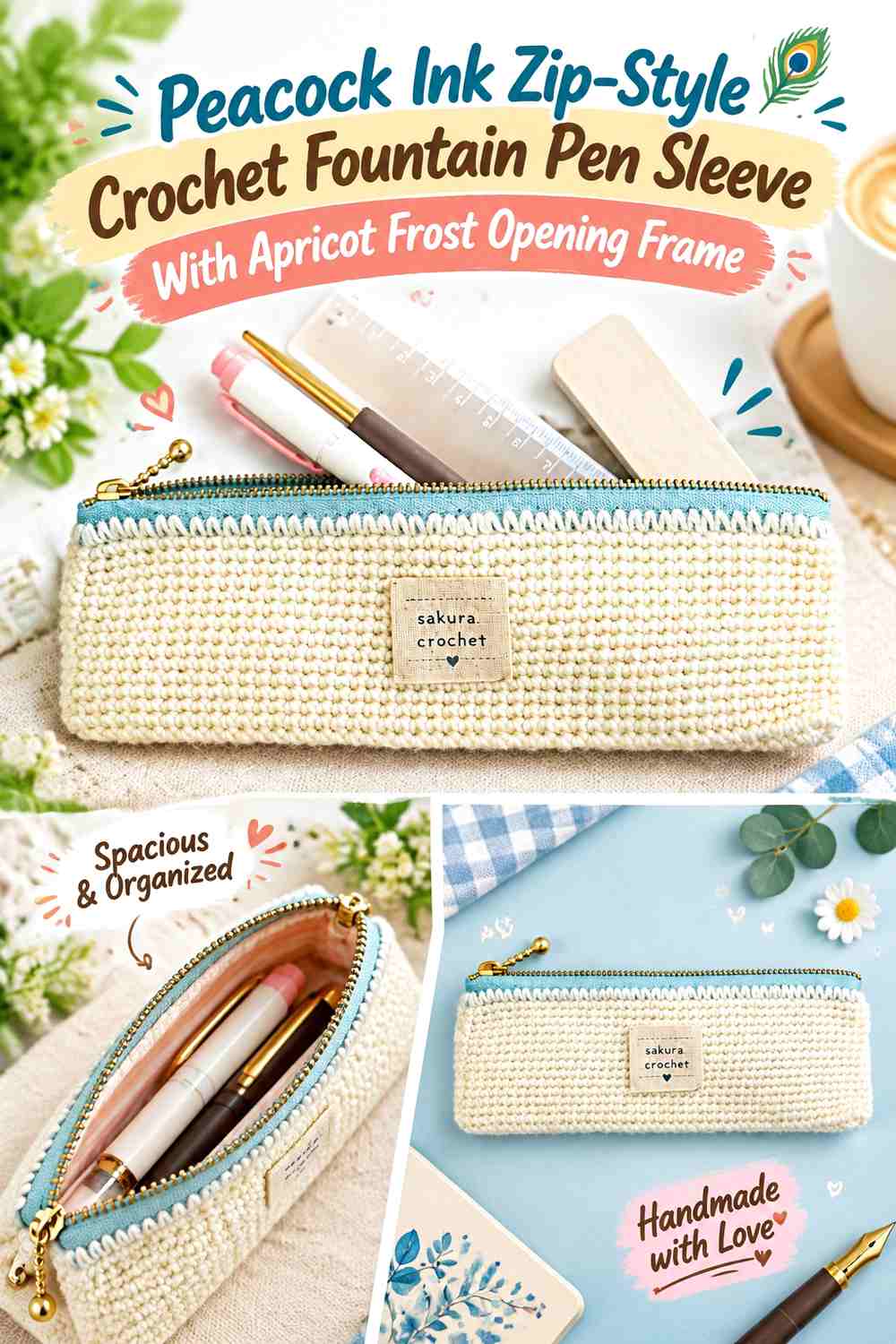 Peacock Ink Zip-Style Crochet Fountain Pen Sleeve With Apricot Frost Opening Frame
