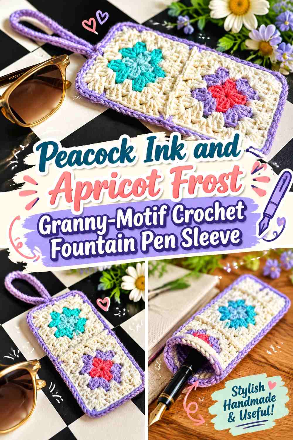 Peacock Ink and Apricot Frost Granny-Motif Crochet Fountain Pen Sleeve