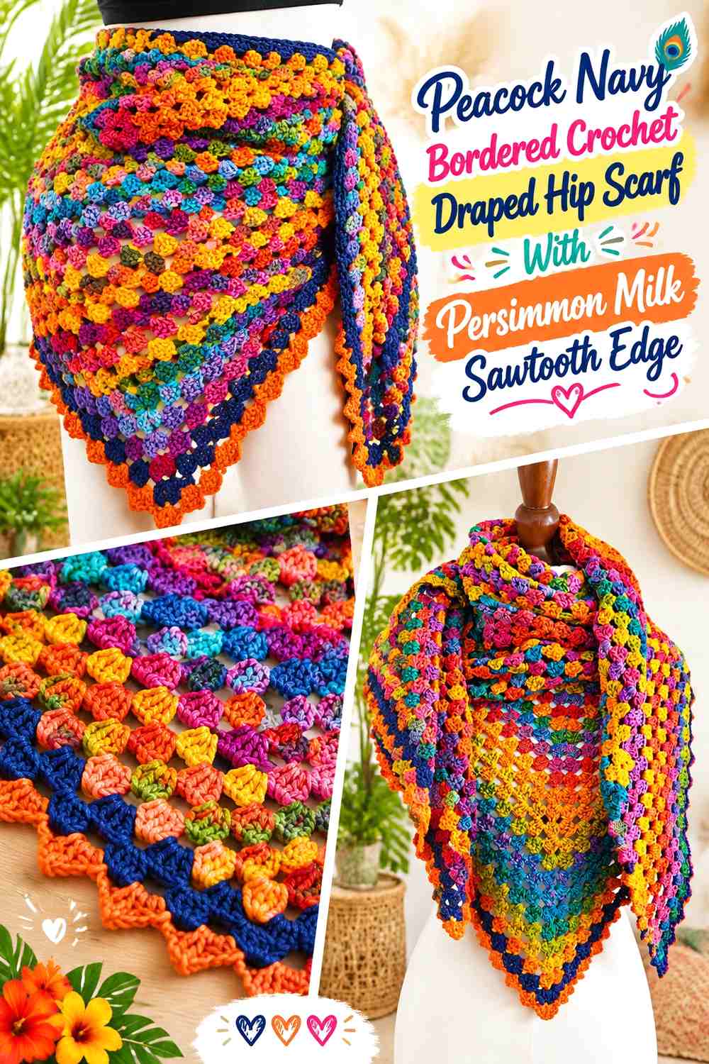 Peacock Navy Bordered Crochet Draped Hip Scarf With Persimmon Milk Sawtooth Edge