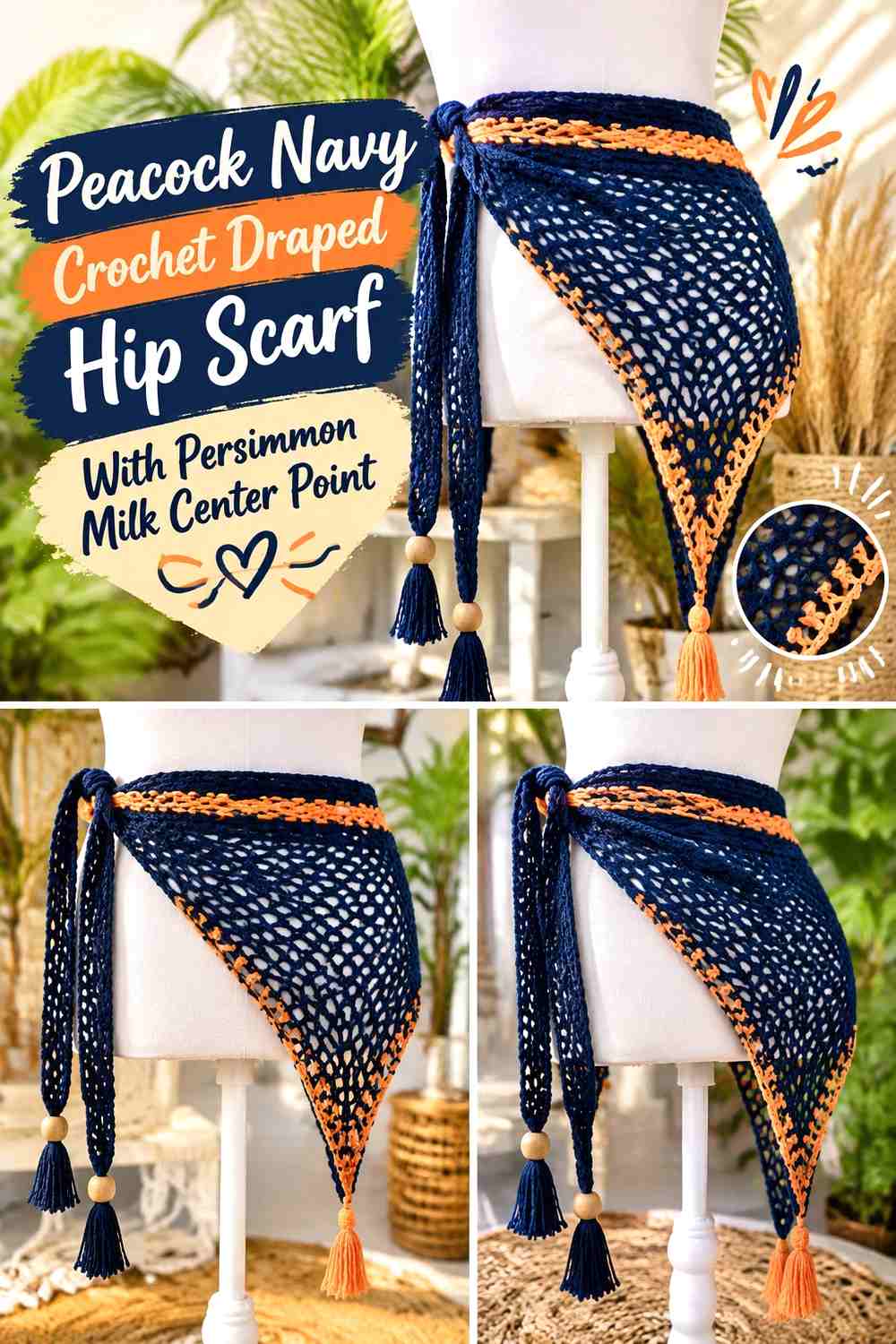 Peacock Navy Crochet Draped Hip Scarf With Persimmon Milk Center Point