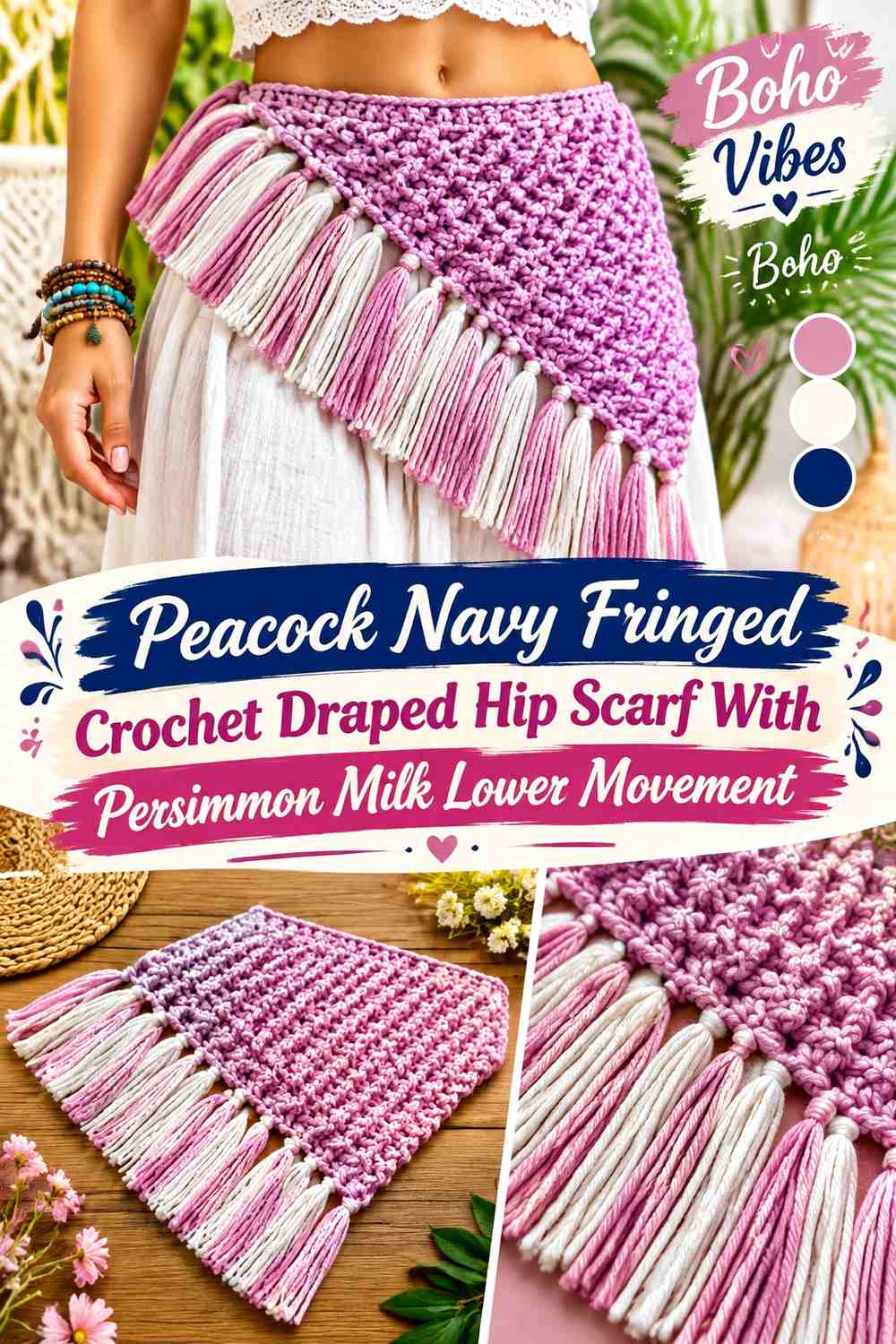 Peacock Navy Fringed Crochet Draped Hip Scarf With Persimmon Milk Lower Movement