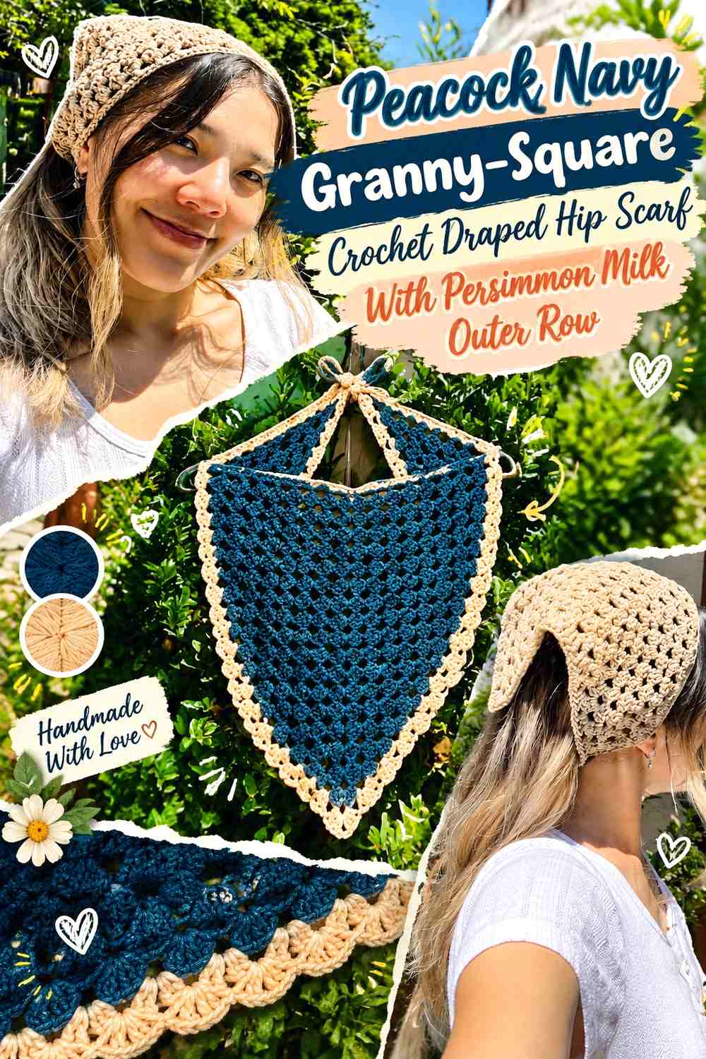 Peacock Navy Granny-Square Crochet Draped Hip Scarf With Persimmon Milk Outer Row