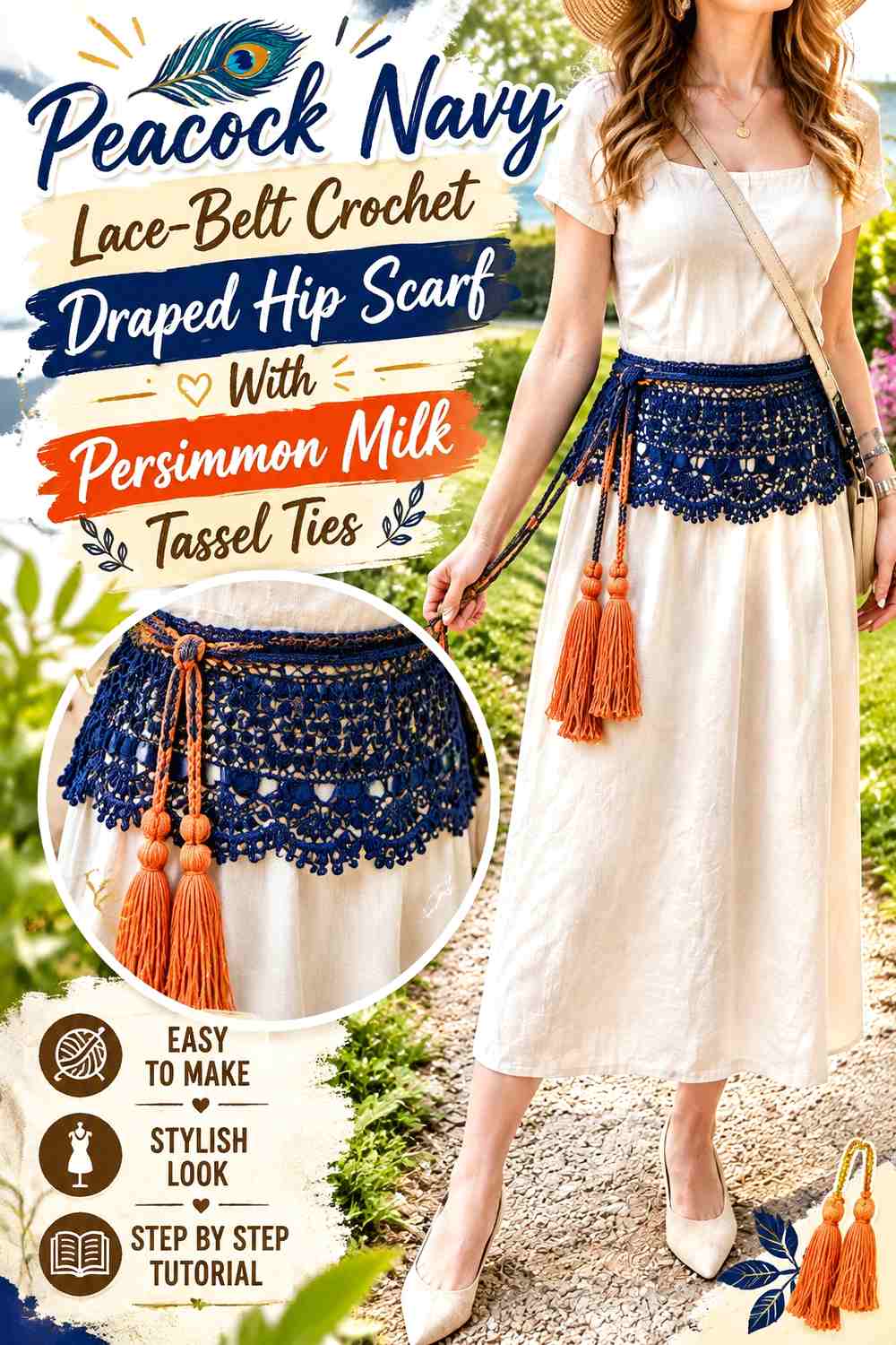 Peacock Navy Lace-Belt Crochet Draped Hip Scarf With Persimmon Milk Tassel Ties