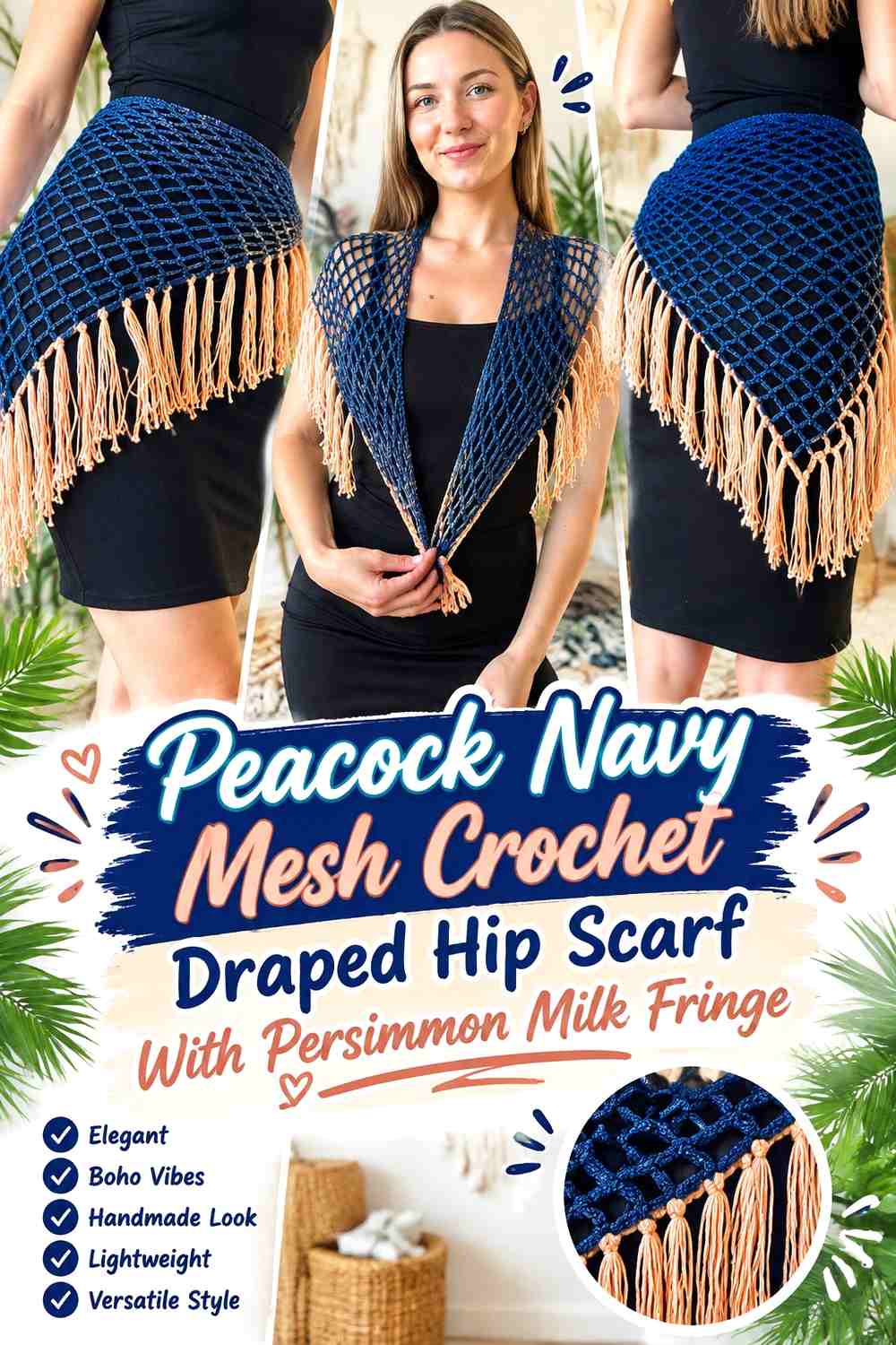 Peacock Navy Mesh Crochet Draped Hip Scarf With Persimmon Milk Fringe
