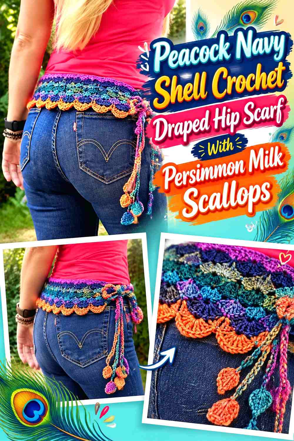 Peacock Navy Shell Crochet Draped Hip Scarf With Persimmon Milk Scallops