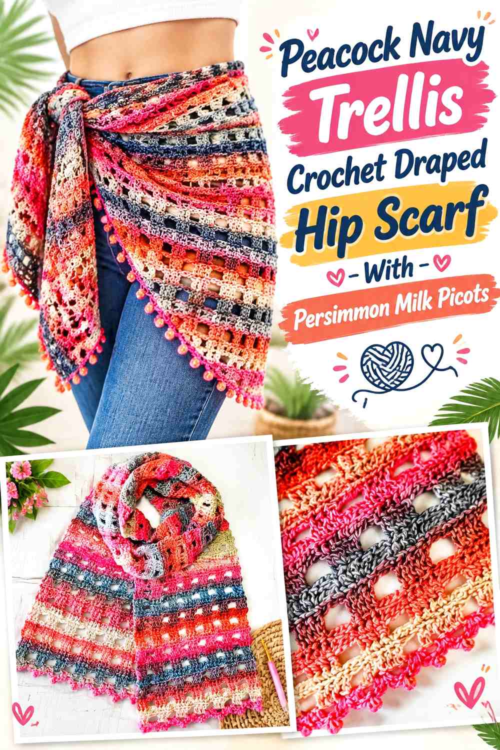 Peacock Navy Trellis Crochet Draped Hip Scarf With Persimmon Milk Picots