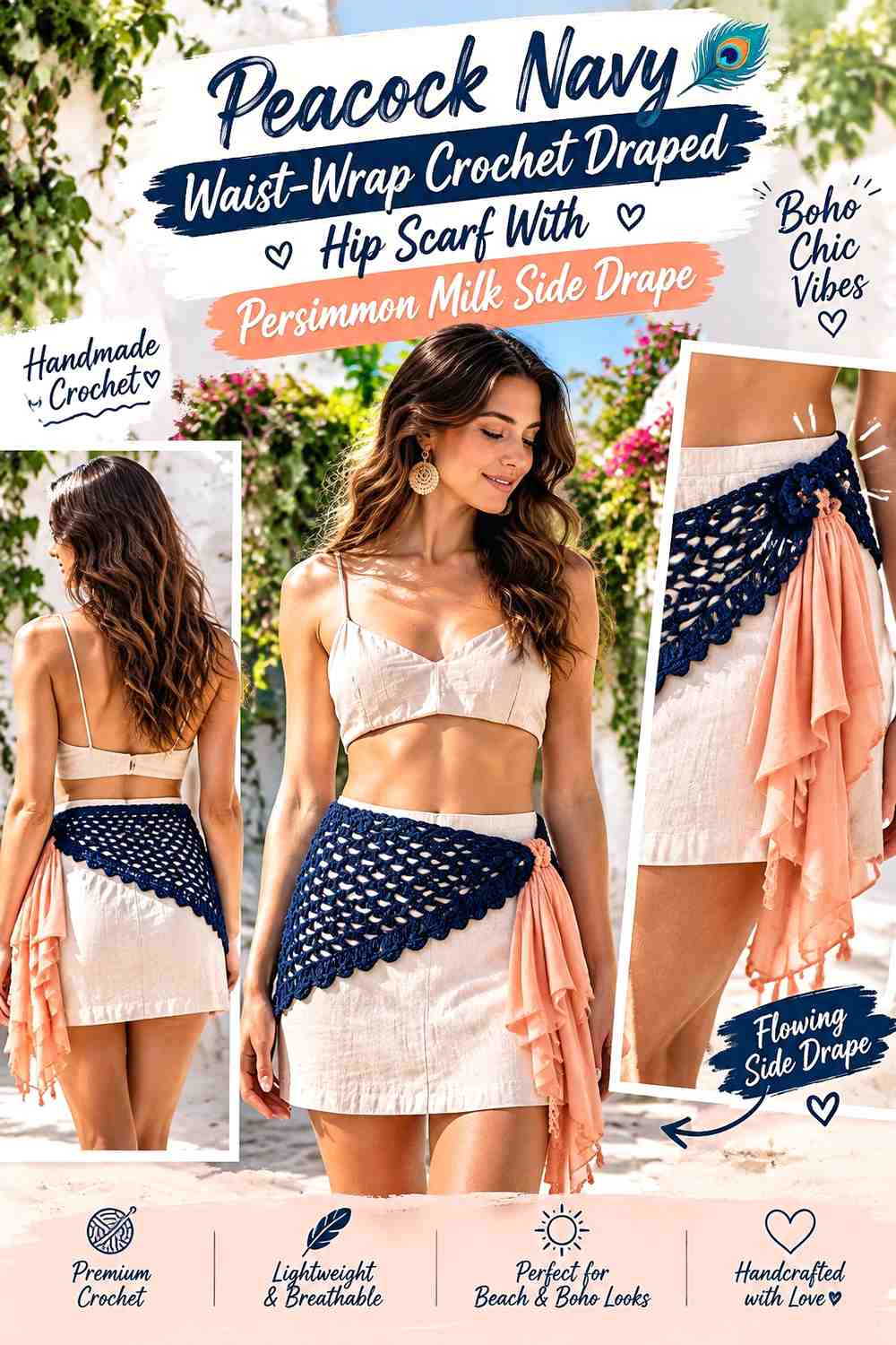 Peacock Navy Waist-Wrap Crochet Draped Hip Scarf With Persimmon Milk Side Drape