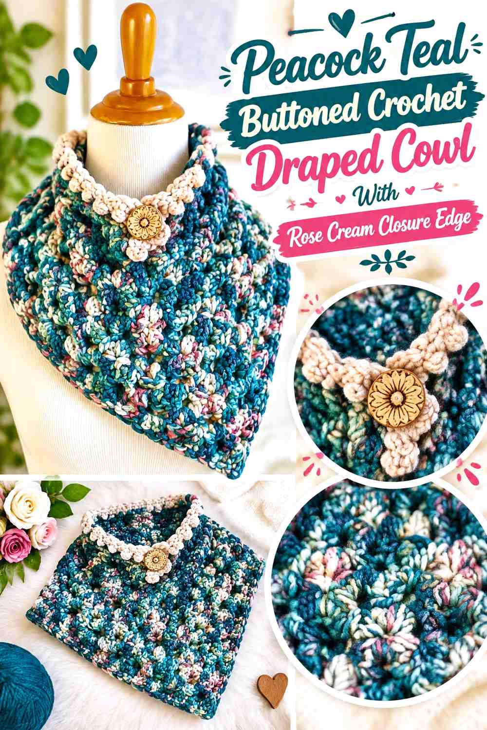 Peacock Teal Buttoned Crochet Draped Cowl With Rose Cream Closure Edge