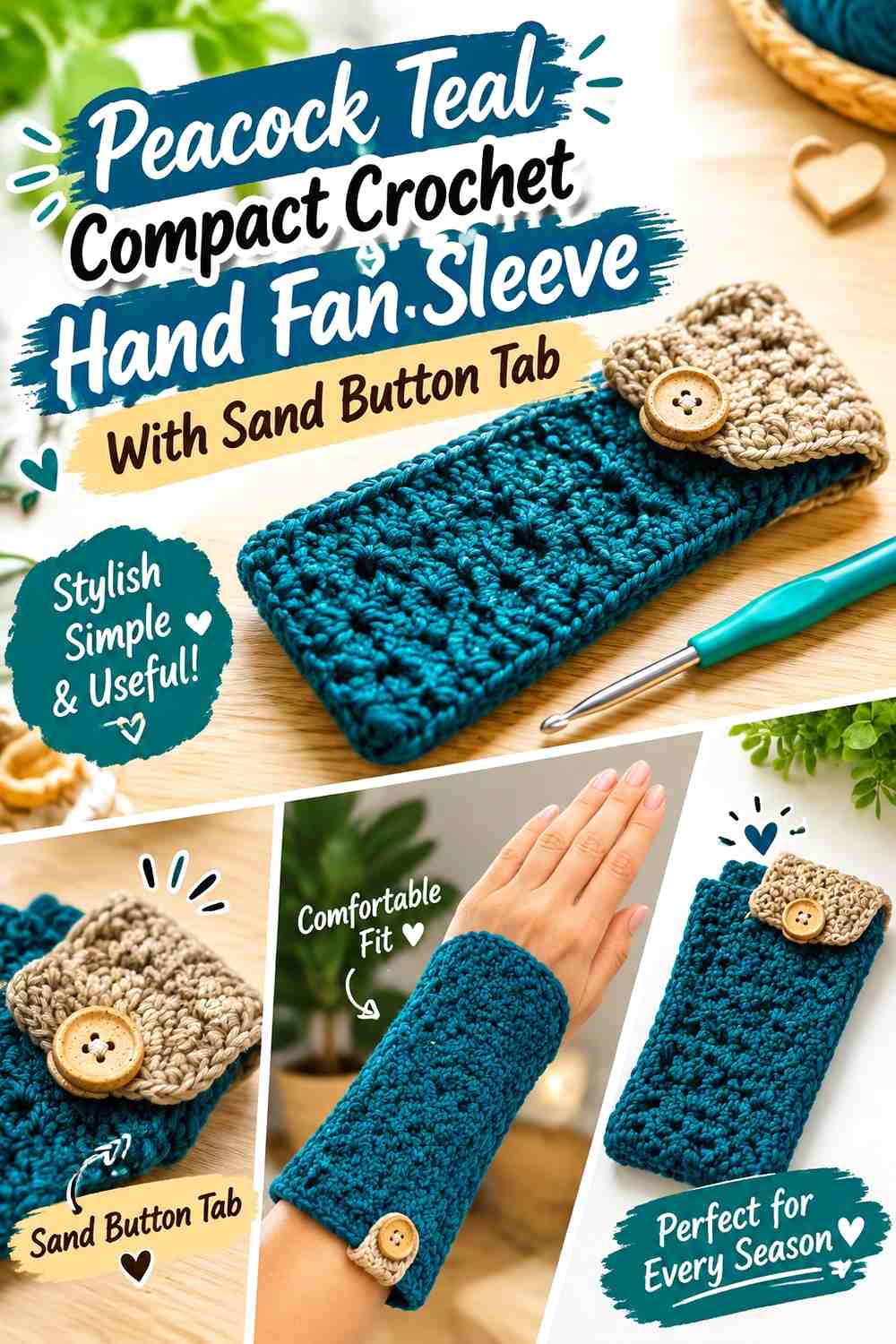 Peacock Teal Compact Crochet Hand Fan Sleeve With Sand Button Tab