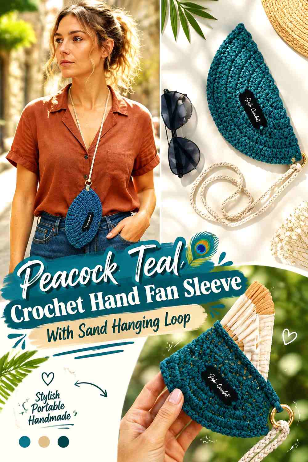 Peacock Teal Crochet Hand Fan Sleeve With Sand Hanging Loop