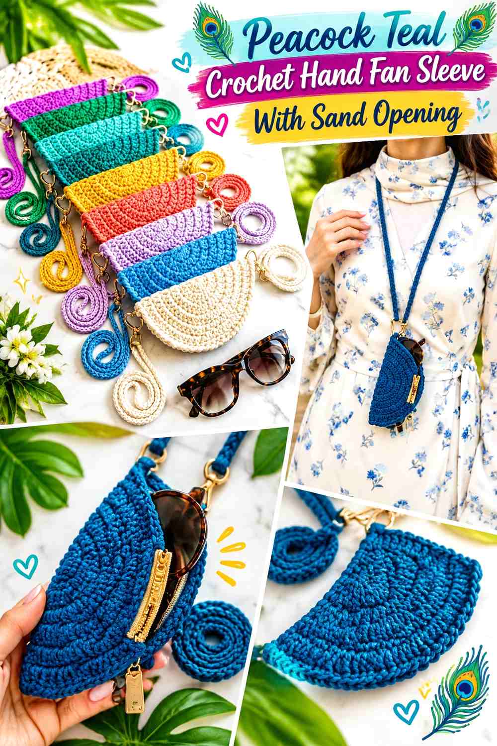 Peacock Teal Crochet Hand Fan Sleeve With Sand Opening