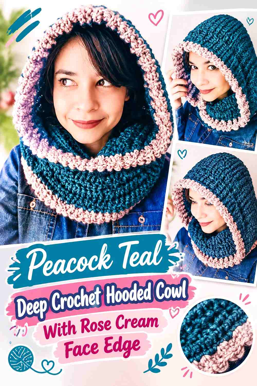 Peacock Teal Deep Crochet Hooded Cowl With Rose Cream Face Edge