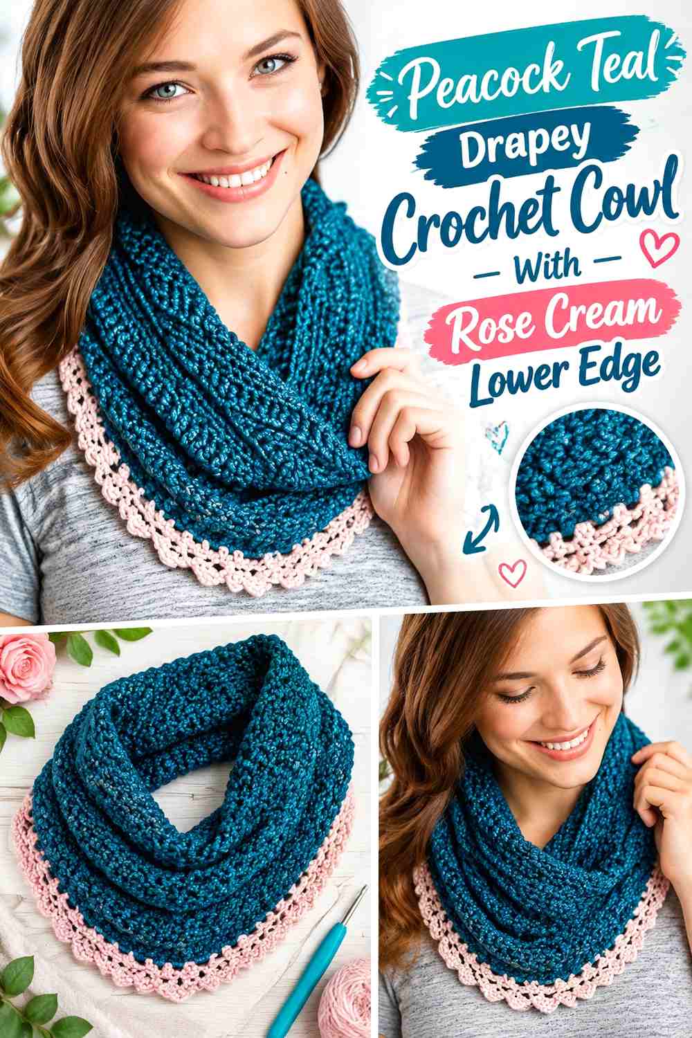 Peacock Teal Drapey Crochet Cowl With Rose Cream Lower Edge