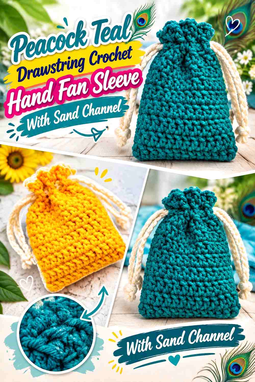Peacock Teal Drawstring Crochet Hand Fan Sleeve With Sand Channel