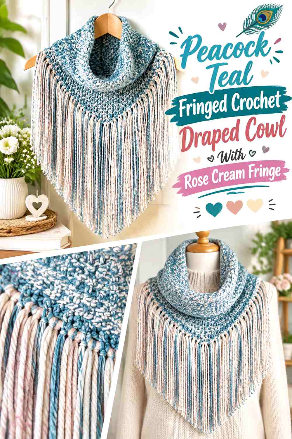 Peacock Teal Fringed Crochet Draped Cowl With Rose Cream Fringe