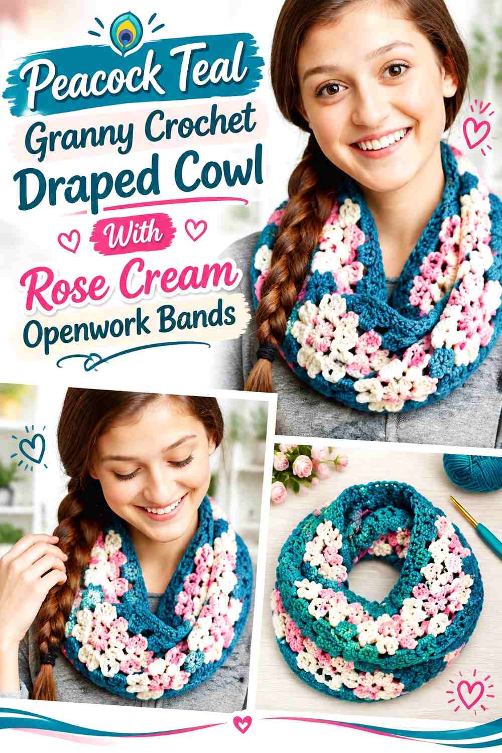 Peacock Teal Granny Crochet Draped Cowl With Rose Cream Openwork Bands