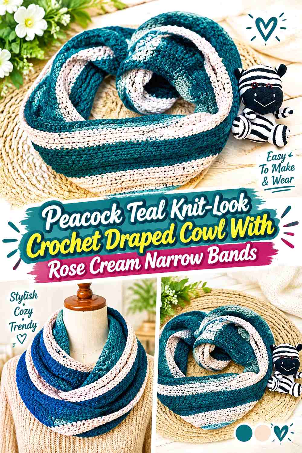 Peacock Teal Knit-Look Crochet Draped Cowl With Rose Cream Narrow Bands