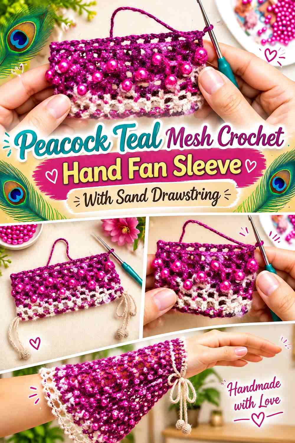 Peacock Teal Mesh Crochet Hand Fan Sleeve With Sand Drawstring