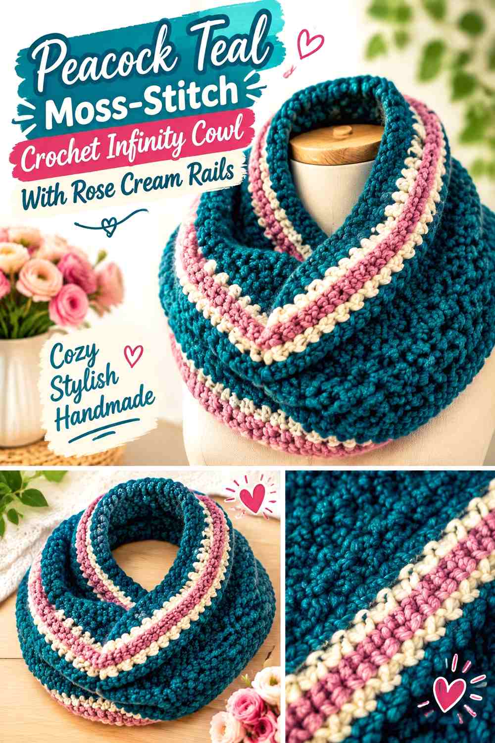 Peacock Teal Moss-Stitch Crochet Infinity Cowl With Rose Cream Rails