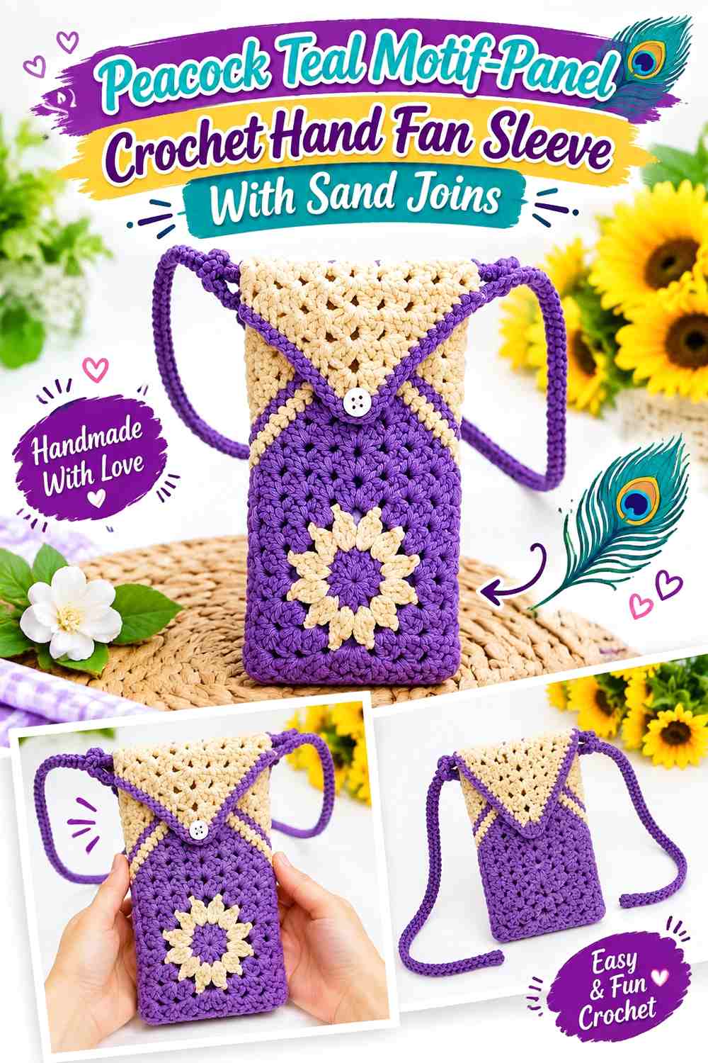 Peacock Teal Motif Panel Crochet Hand Fan Sleeve With Sand Joins