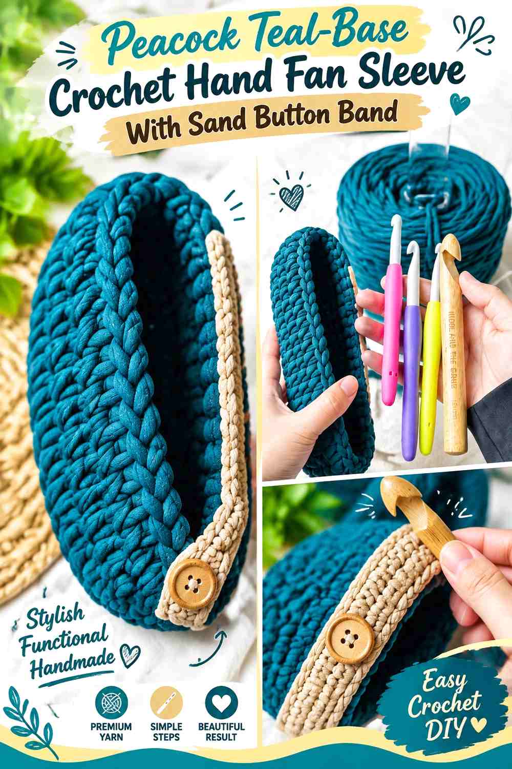 Peacock Teal Oval Base Crochet Hand Fan Sleeve With Sand Button Band