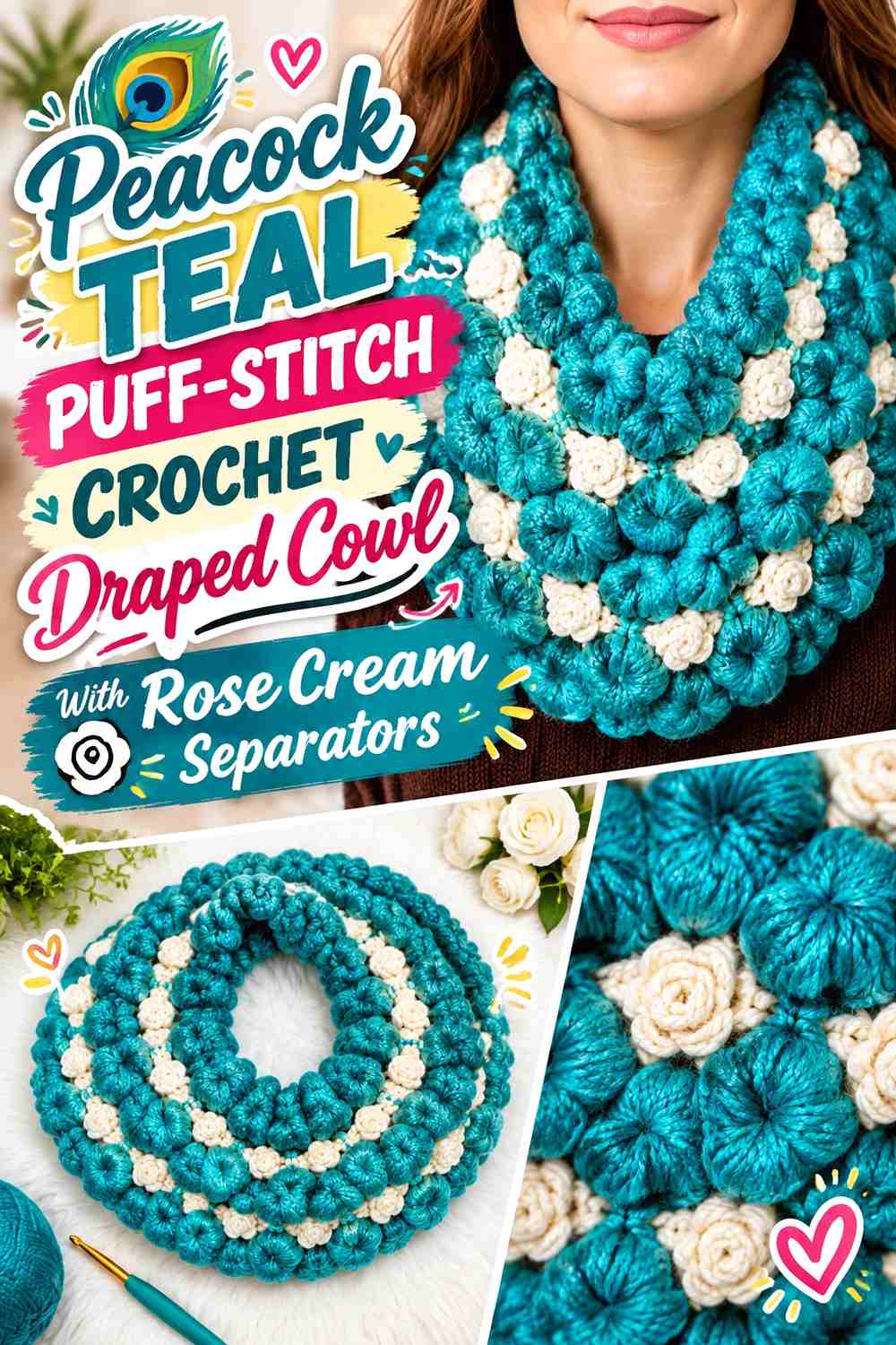 Peacock Teal Puff-Stitch Crochet Draped Cowl With Rose Cream Separators