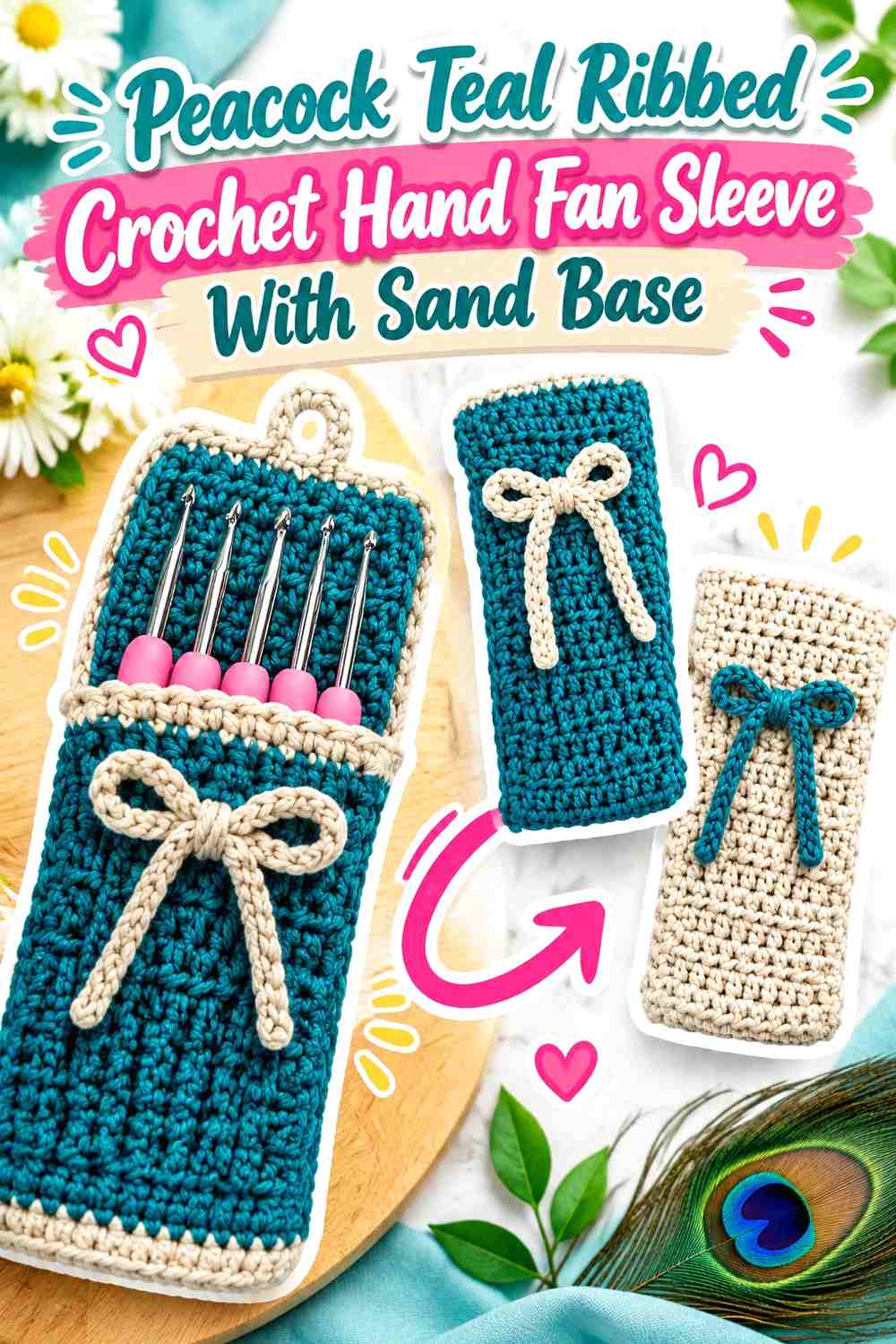 Peacock Teal Ribbed Crochet Hand Fan Sleeve With Sand Base