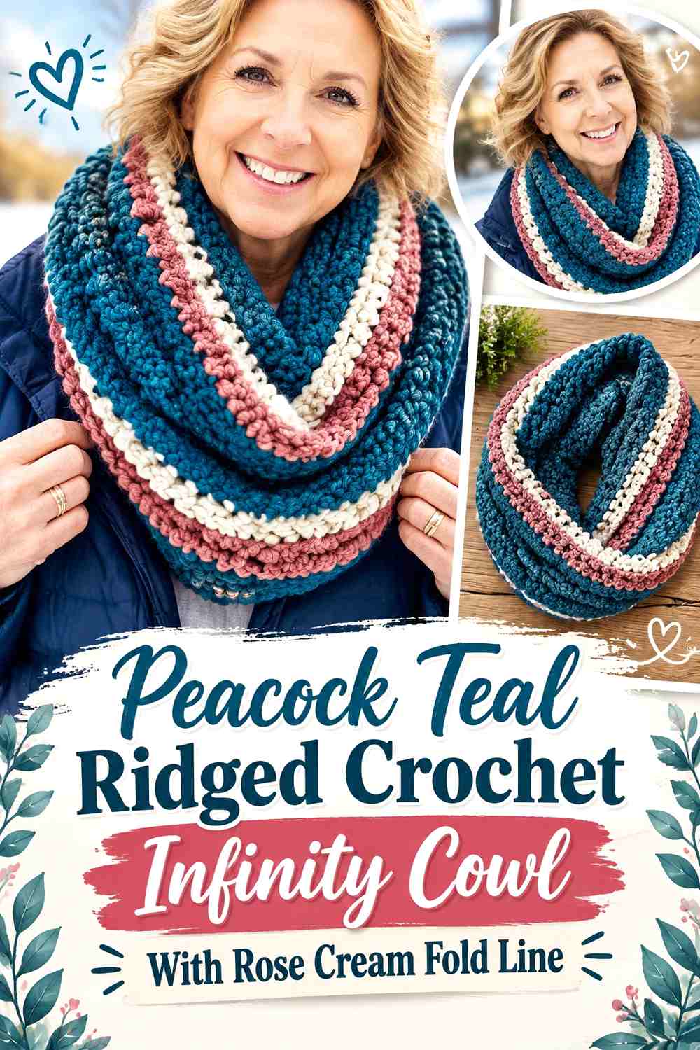 Peacock Teal Ridged Crochet Infinity Cowl With Rose Cream Fold Line