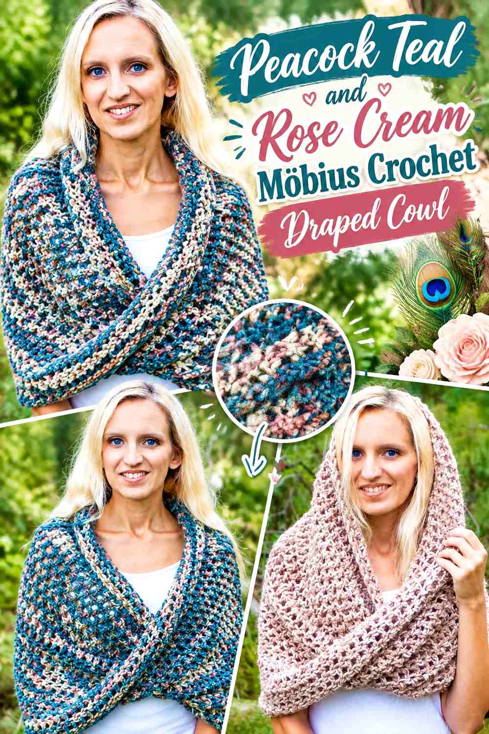 Peacock Teal and Rose Cream Möbius Crochet Draped Cowl