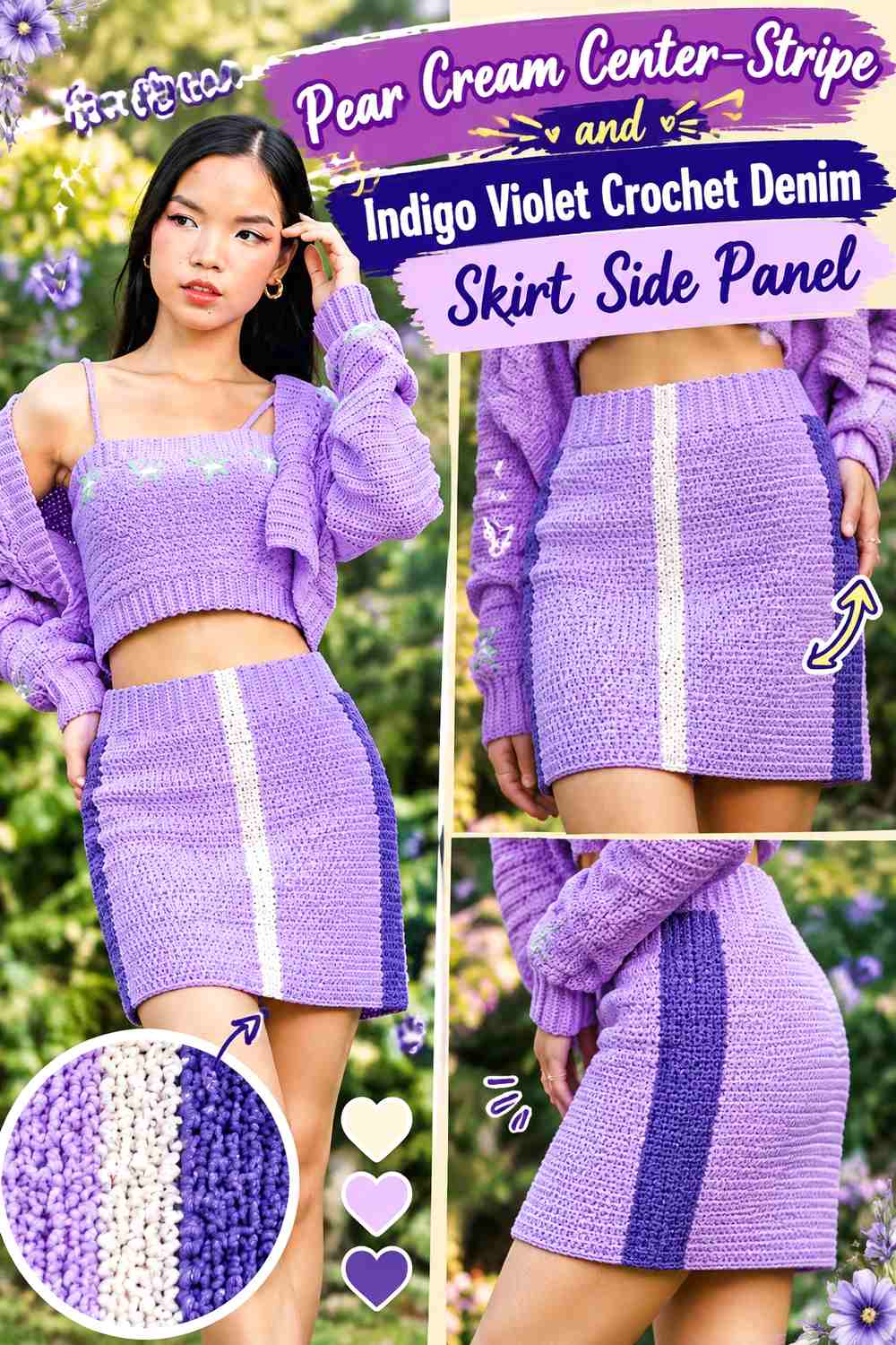Pear Cream Center-Stripe and Indigo Violet Crochet Denim Skirt Side Panel