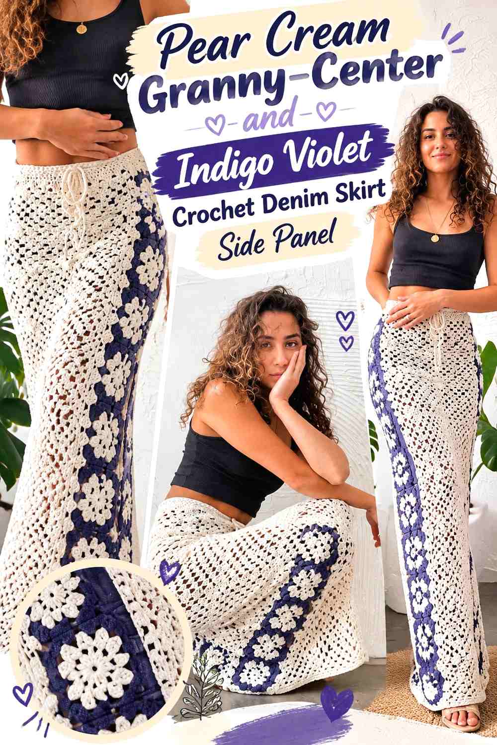 Pear Cream Granny-Center and Indigo Violet Crochet Denim Skirt Side Panel