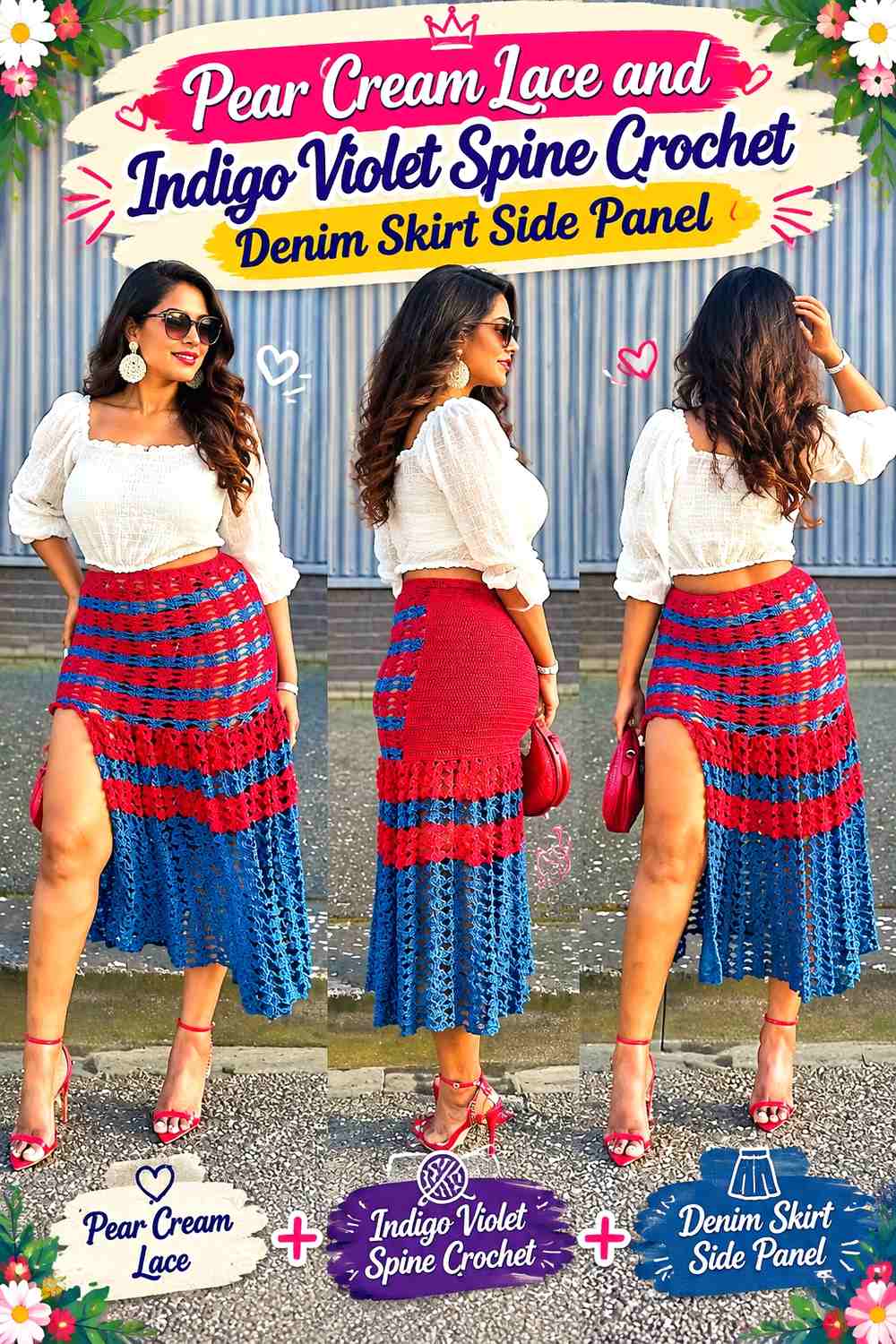 Pear Cream Lace and Indigo Violet Spine Crochet Denim Skirt Side Panel