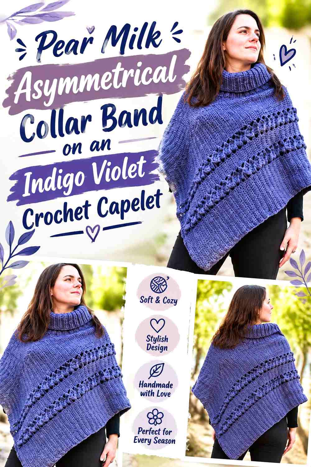 Pear Milk Asymmetrical Collar Band on an Indigo Violet Crochet Capelet