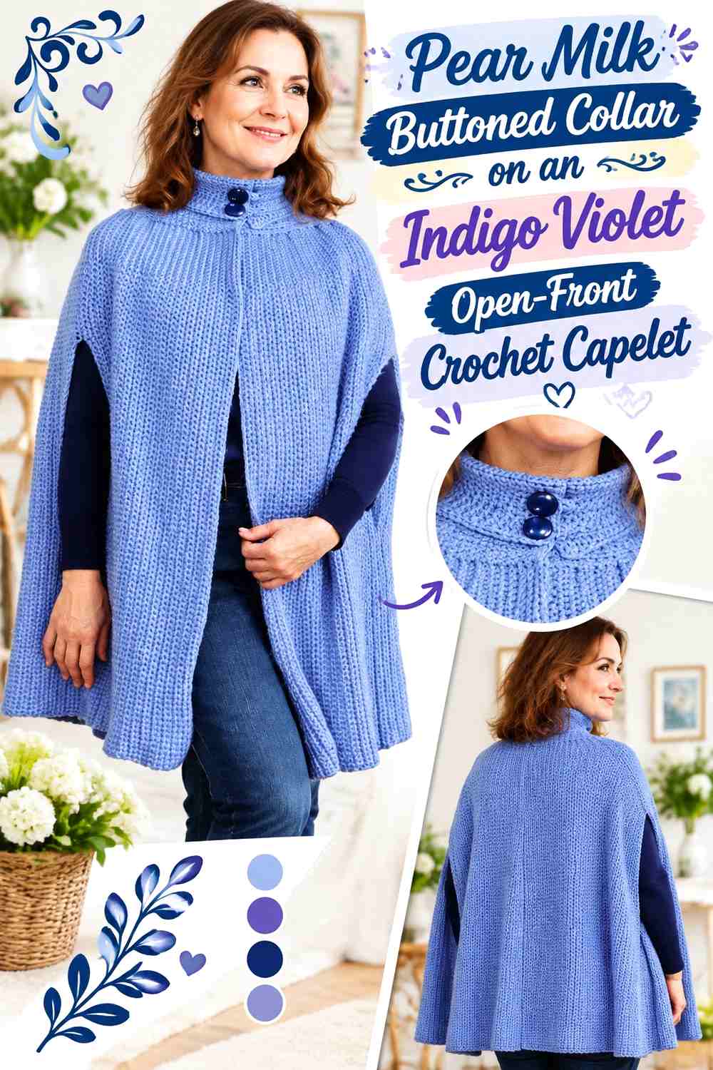 Pear Milk Buttoned Collar on an Indigo Violet Open-Front Crochet Capelet