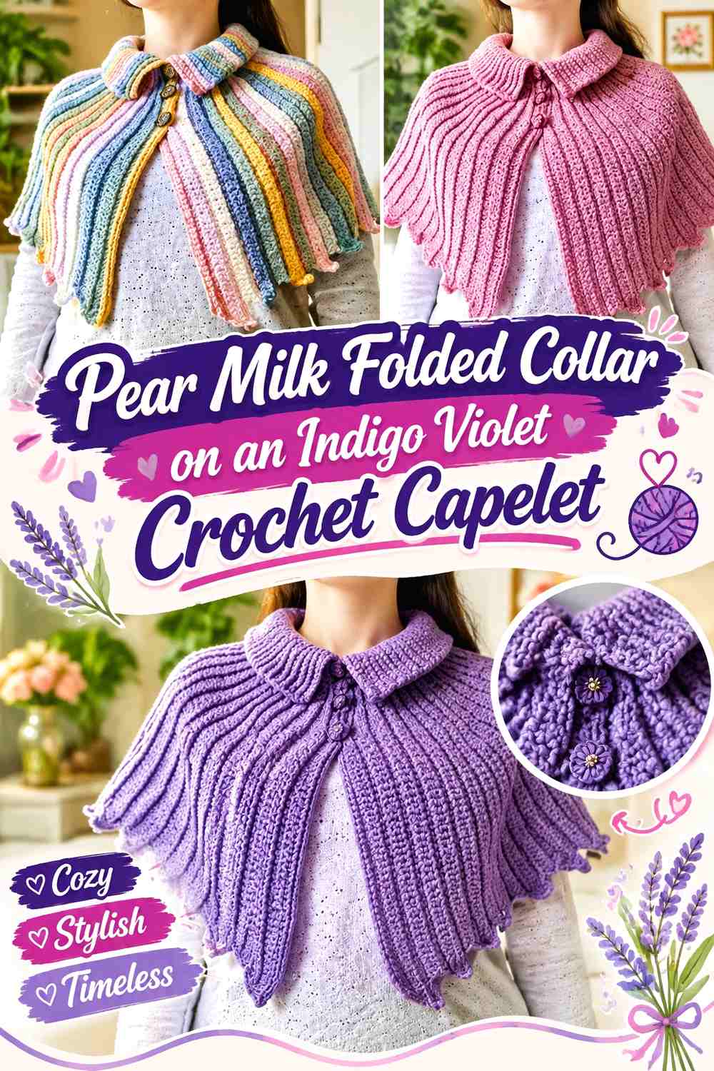 Pear Milk Folded Collar on an Indigo Violet Crochet Capelet