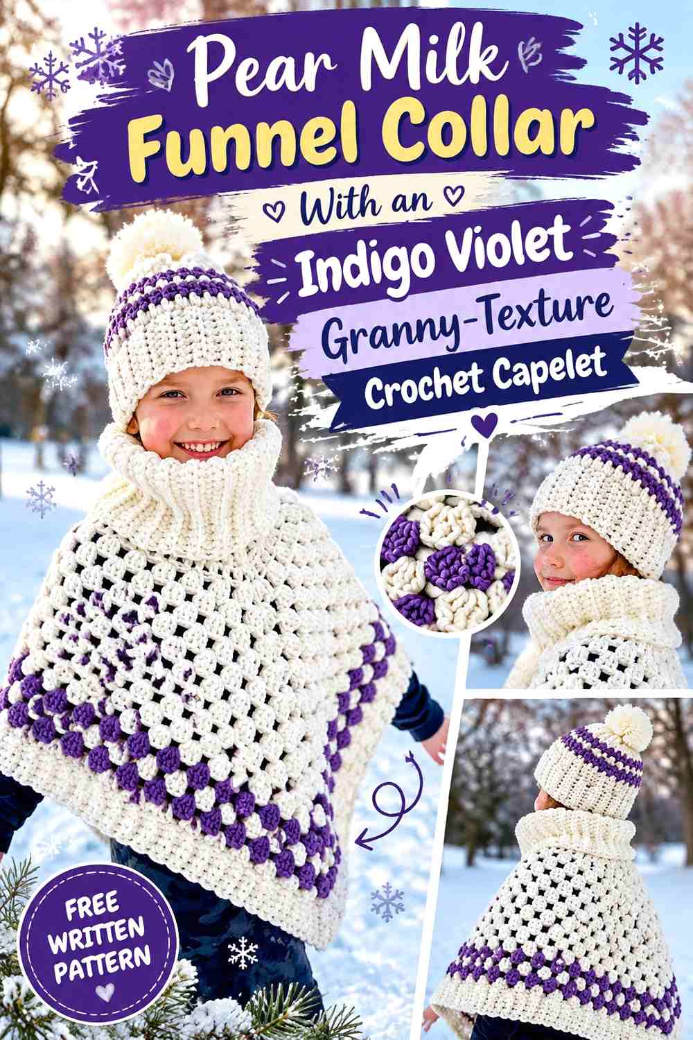 Pear Milk Funnel Collar With an Indigo Violet Granny-Texture Crochet Capelet
