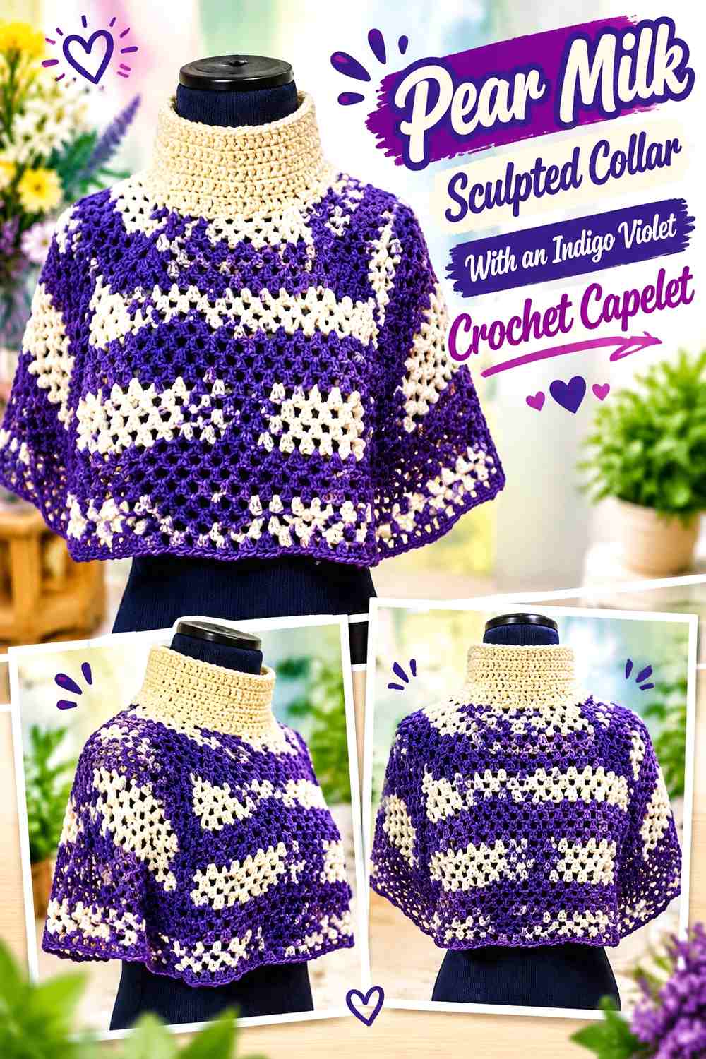Pear Milk Sculpted Collar With an Indigo Violet Crochet Capelet