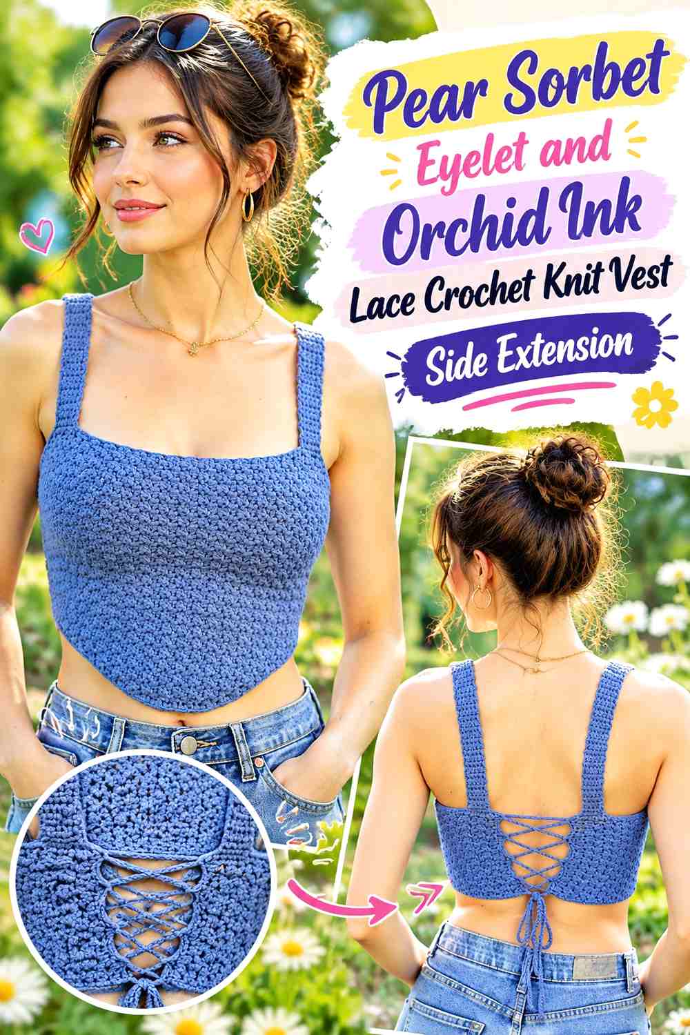 Pear Sorbet Eyelet and Orchid Ink Lace Crochet Knit Vest Side Extension