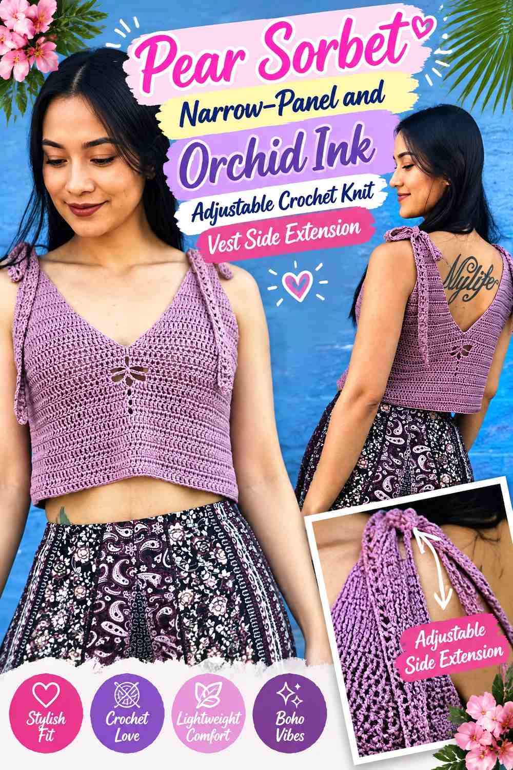 Pear Sorbet Narrow-Panel and Orchid Ink Adjustable Crochet Knit Vest Side Extension