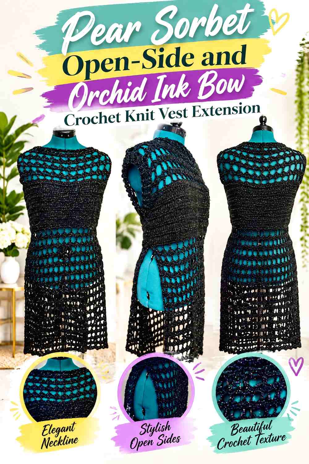 Pear Sorbet Open-Side and Orchid Ink Bow Crochet Knit Vest Extension