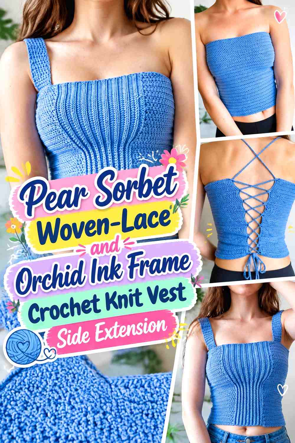 Pear Sorbet Woven-Lace and Orchid Ink Frame Crochet Knit Vest Side Extension