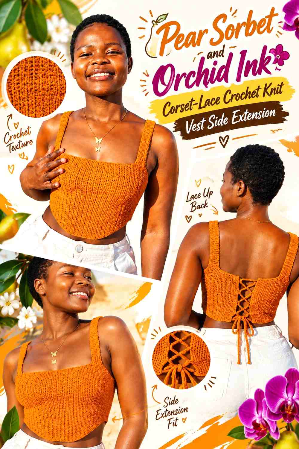 Pear Sorbet and Orchid Ink Corset-Lace Crochet Knit Vest Side Extension