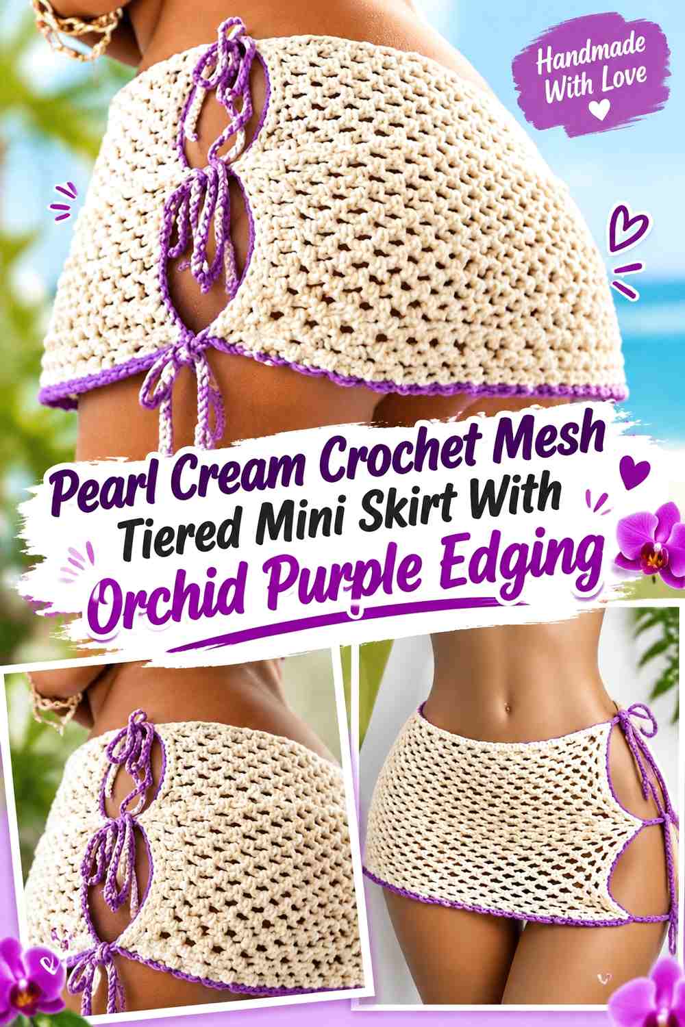 Pearl Cream Crochet Mesh Tiered Mini Skirt With Orchid Purple Edging