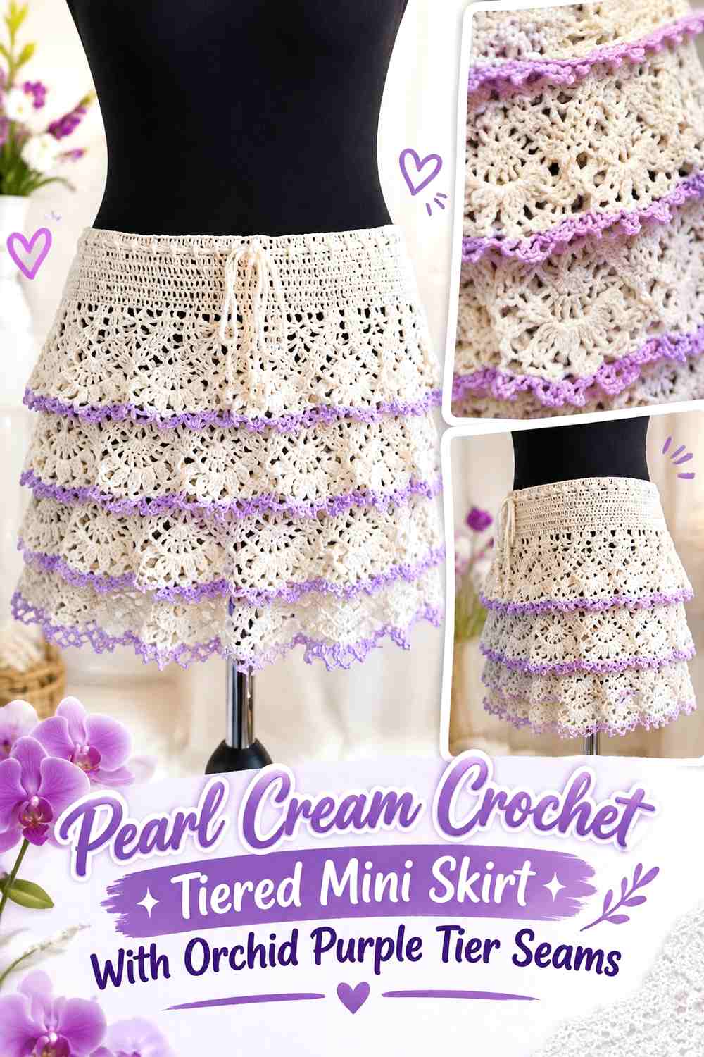 Pearl Cream Crochet Tiered Mini Skirt With Orchid Purple Tier Seams
