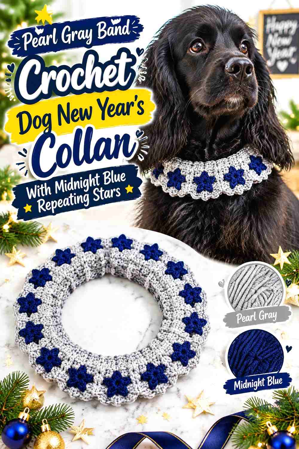 Pearl Gray Band Crochet Dog New Year's Collar With Midnight Blue Repeating Stars