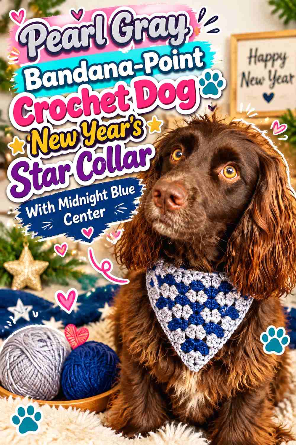 Pearl Gray Bandana-Point Crochet Dog New Year's Star Collar With Midnight Blue Center