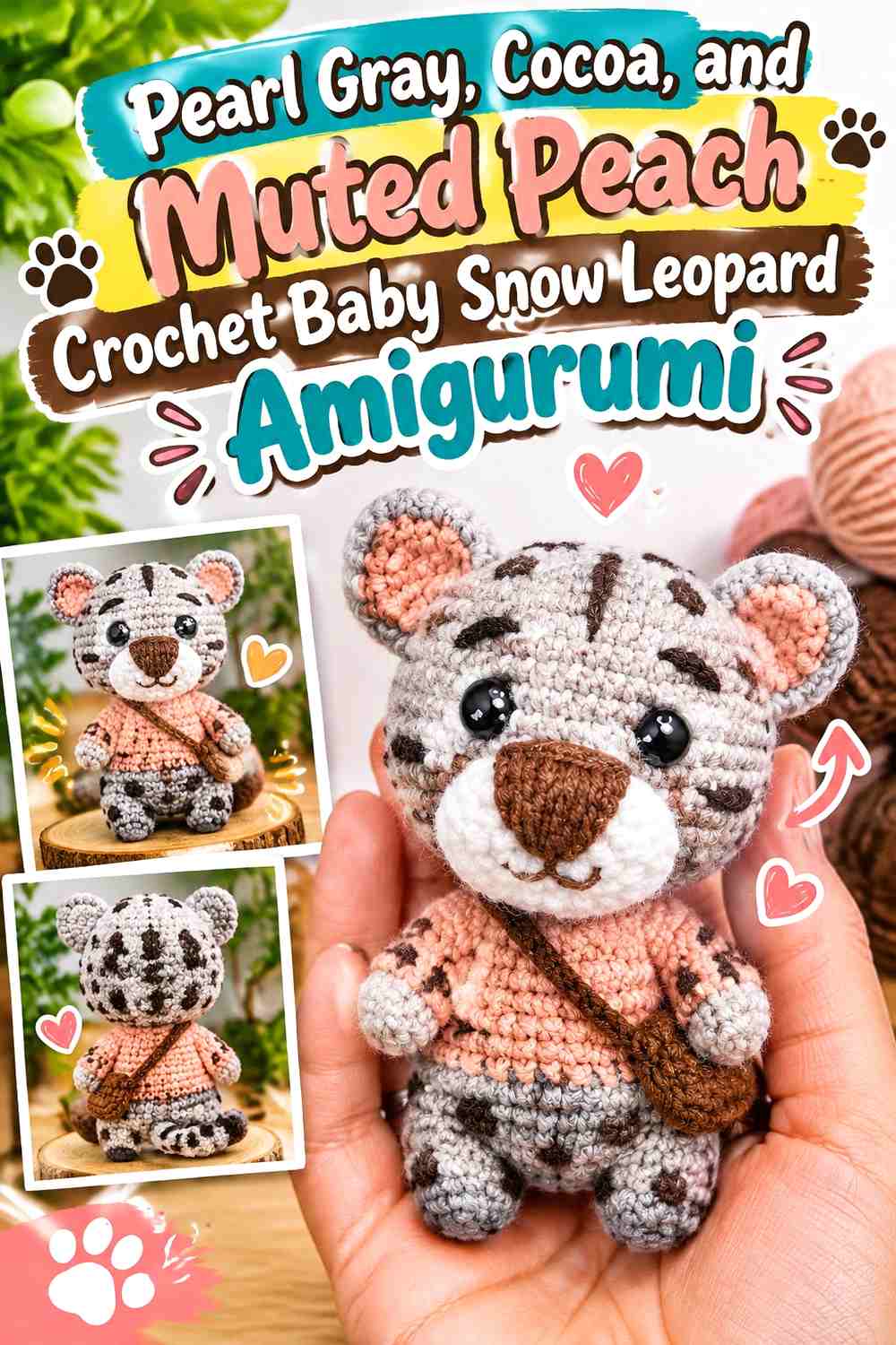 Pearl Gray, Cocoa, and Muted Peach Crochet Baby Snow Leopard Amigurumi