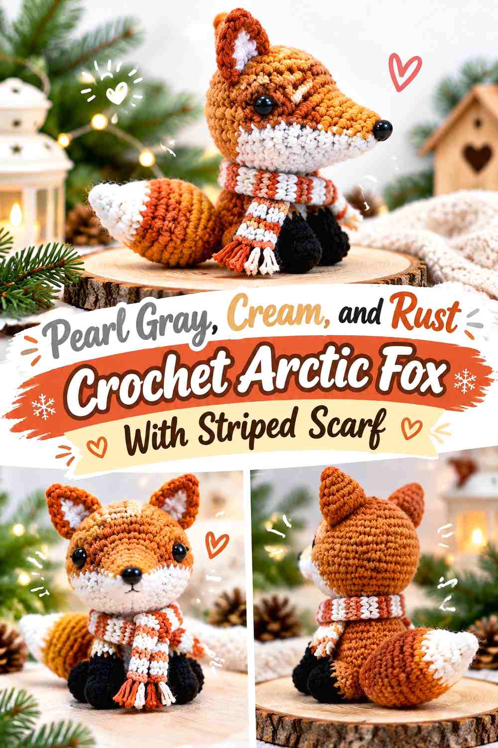 Pearl Gray, Cream, and Rust Crochet Arctic Fox With Striped Scarf