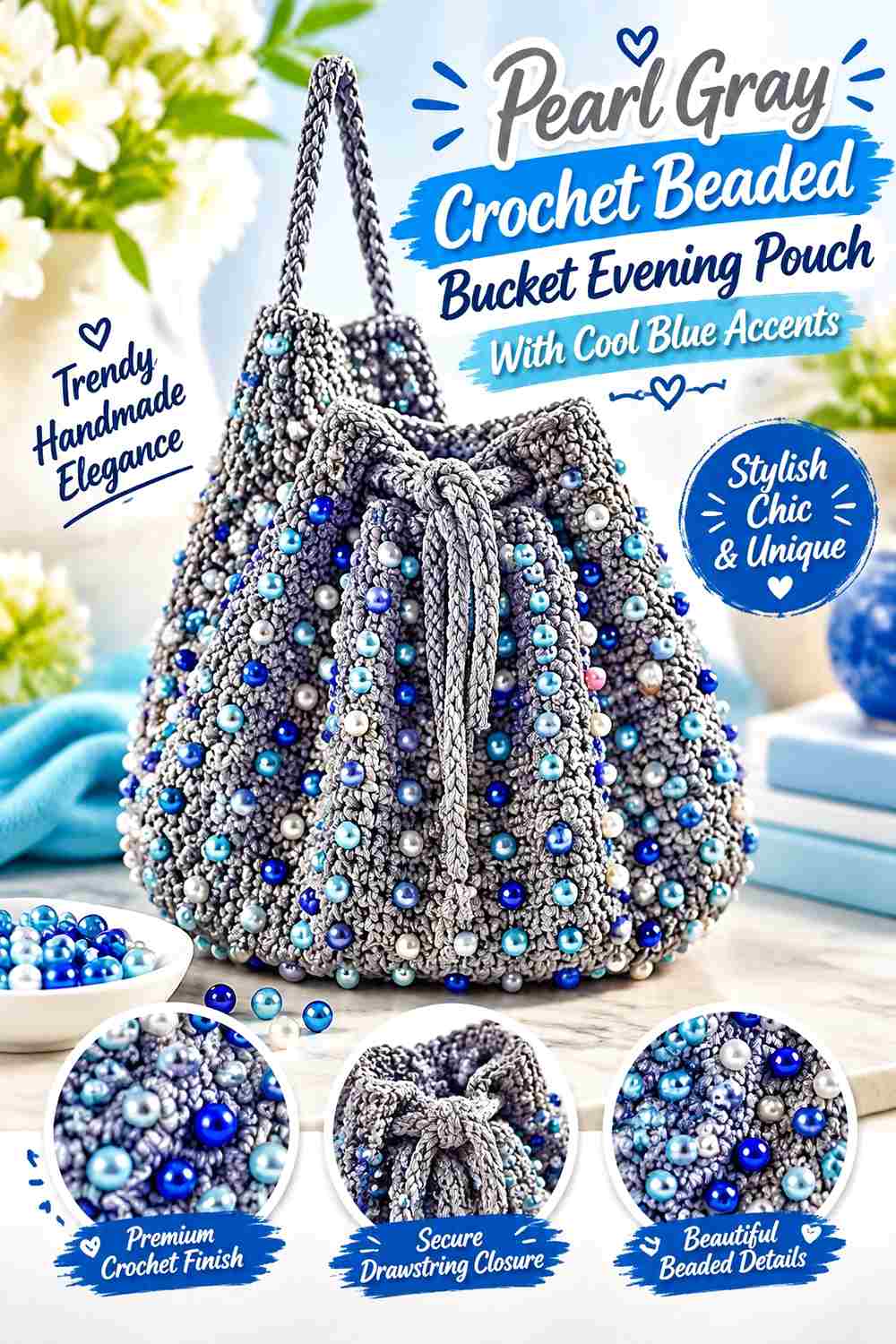 2. Pearl Gray Crochet Beaded Bucket Evening Pouch With Cool Blue Accents